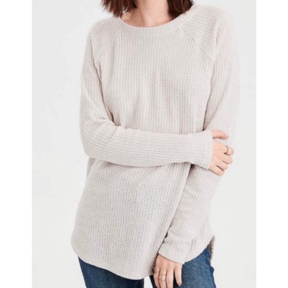 American Eagle Soft & Sexy Plush Cream Waffle Knit Sweater Pullover Medium